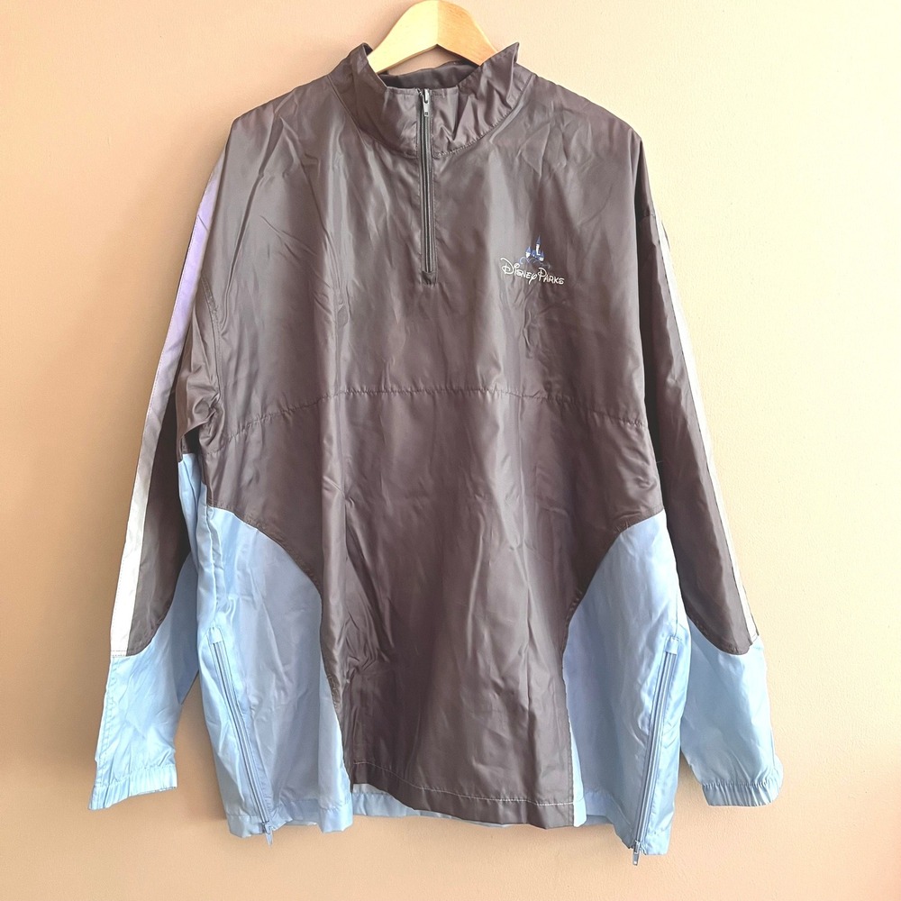 Disney Parks Windbreaker Jacket XL Quarter Zip Colorblock Grey Blue Pullover